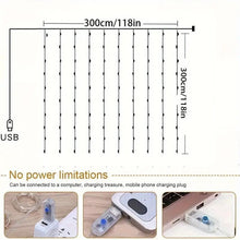 Load image into Gallery viewer, LED Curtain Lights – USB Powered 8 Modes Fairy String Lights with Remote & Timer, Warm White or Multicolour Window & Wall Decoration for Bedroom, Wedding, Party & Christmas Décor,Lighting,Nightlight,Gift