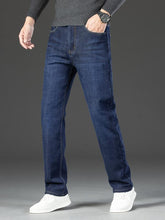 Load image into Gallery viewer, Men's Thickened Winter Fleece Jeans, Loose Straight Leg High Waist Casual Elastic Pants, Warm Long Denim Trousers for Fall & Winter