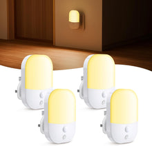 Load image into Gallery viewer, 2 Pack Plug in Night Light with Dusk to Dawn Photocell Sensor, 5 Adjustable Brightness Levels, ON/Off/AUTO Modes, 3000K Warm White LED Night Light for Baby, Hallways, Stairs, Bedrooms, Kitchens, 0.3W