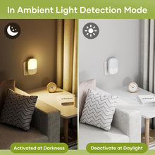 Load image into Gallery viewer, 2 Pack Plug in Night Light with Dusk to Dawn Photocell Sensor, 5 Adjustable Brightness Levels, ON/Off/AUTO Modes, 3000K Warm White LED Night Light for Baby, Hallways, Stairs, Bedrooms, Kitchens, 0.3W