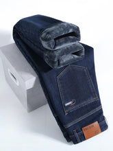 Load image into Gallery viewer, Men's Thickened Winter Fleece Jeans, Loose Straight Leg High Waist Casual Elastic Pants, Warm Long Denim Trousers for Fall & Winter