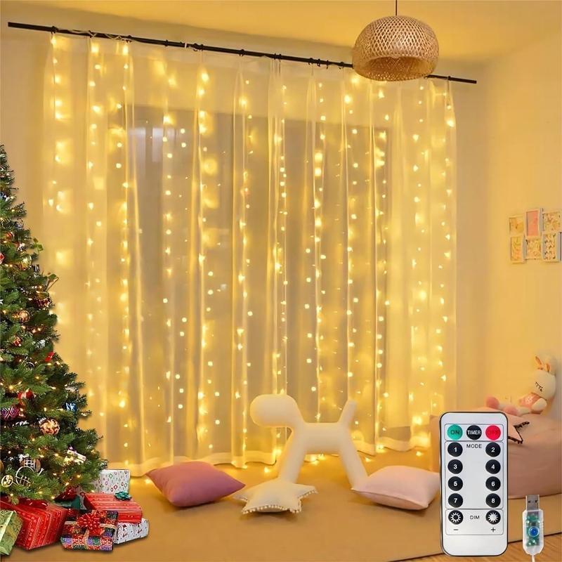 LED Curtain Lights – USB Powered 8 Modes Fairy String Lights with Remote & Timer, Warm White or Multicolour Window & Wall Decoration for Bedroom, Wedding, Party & Christmas Décor,Lighting,Nightlight,Gift