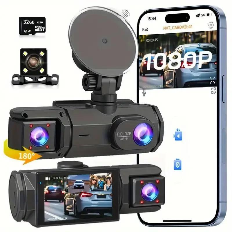 1080P Car DVR, WiFi 3 Channel CarDVR withInside Camera & Front, Car Dash Camwith 32GB Card, Car Electronics Accessories,For car