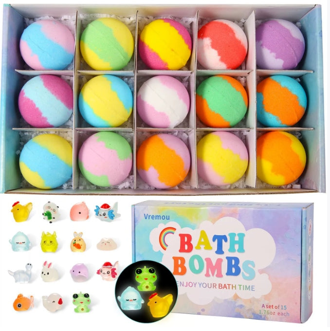 Bath Bombs Gift Set Toy, 15pcs/box Luminous Bath Bomb Toy with Random Color Toy Inside, Fun Bath Toy for Kids, Birthday Gift for Boys & Girls