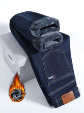 Load image into Gallery viewer, Men&#39;s Thickened Winter Fleece Jeans, Loose Straight Leg High Waist Casual Elastic Pants, Warm Long Denim Trousers for Fall &amp; Winter
