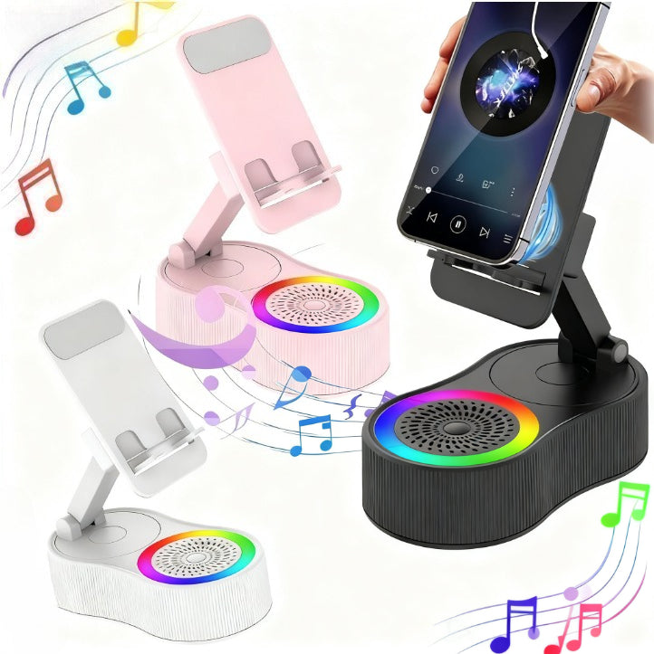 Wireless Induction Audio Bluetooth Speaker, 5in1 Phone Holder, Emergency Rechargeable (4000mAh) with Colorful Ambient Light Foldable for Tablet iPhone Android, Gifts for Men Women,Gift