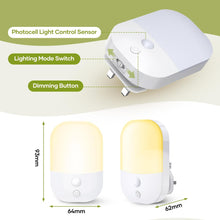 Load image into Gallery viewer, 2 Pack Plug in Night Light with Dusk to Dawn Photocell Sensor, 5 Adjustable Brightness Levels, ON/Off/AUTO Modes, 3000K Warm White LED Night Light for Baby, Hallways, Stairs, Bedrooms, Kitchens, 0.3W
