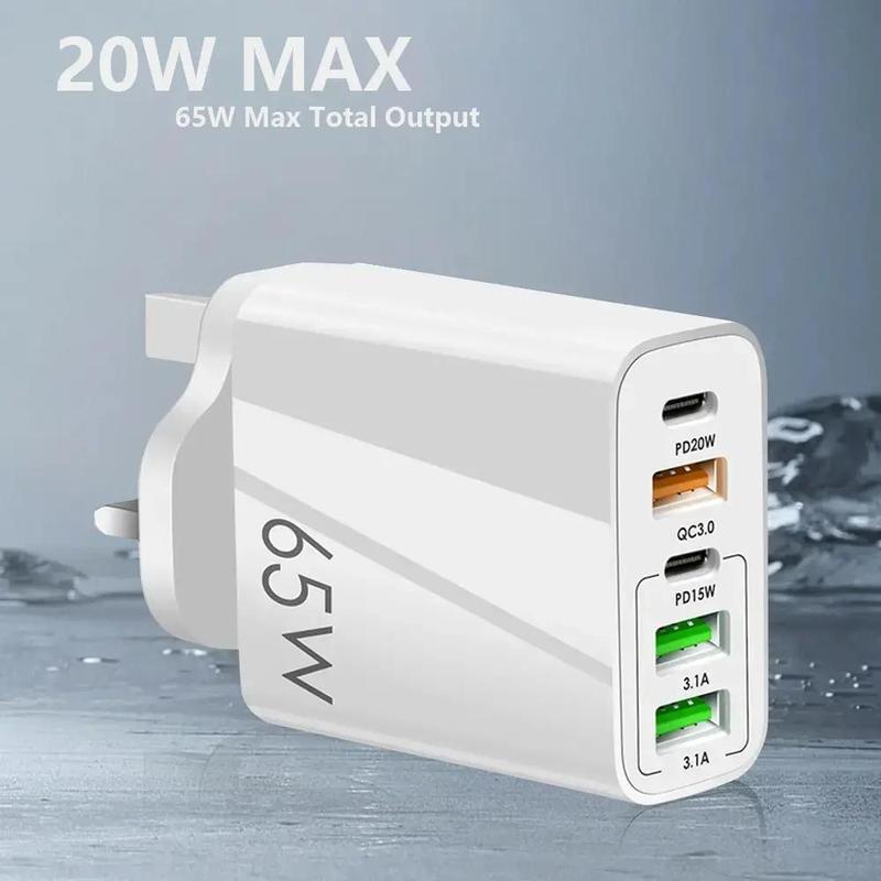 Total 65W Smartphone Fast Charger Head, 2PD+3USB Multi-port Cellphone Fast Charging Head,  Portable Charger for IPhone, Fast Charging Adapter, Travel Accessories Essential,Travel product