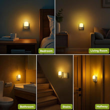 Load image into Gallery viewer, 2 Pack Plug in Night Light with Dusk to Dawn Photocell Sensor, 5 Adjustable Brightness Levels, ON/Off/AUTO Modes, 3000K Warm White LED Night Light for Baby, Hallways, Stairs, Bedrooms, Kitchens, 0.3W
