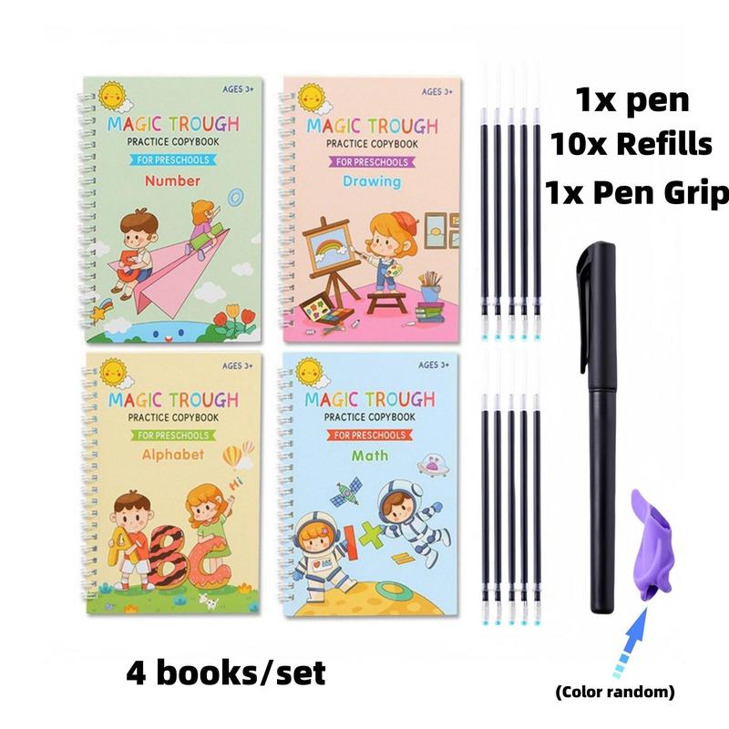 Magic Practice Scribe Book Set – 4 Books for Number, Letter, Math & Drawing Practice, Includes Pen, 10 Refills, and Pencil Grip – Reusable Stationery Set,Gift