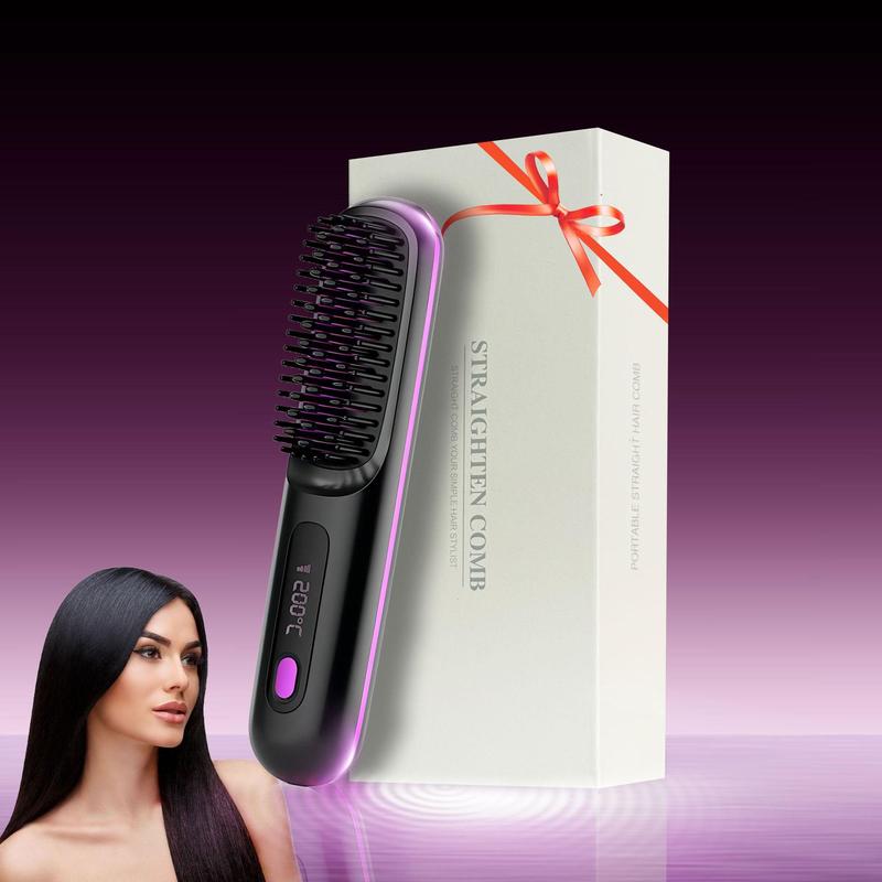 Portable Rechargeable Hair Straightener Brush, Multi-temperature Adjustable Hair Straightener, Straight & Curly Hair Comb, Hair Styling Tool for Home & Travel, Stocking Filler,Gift,