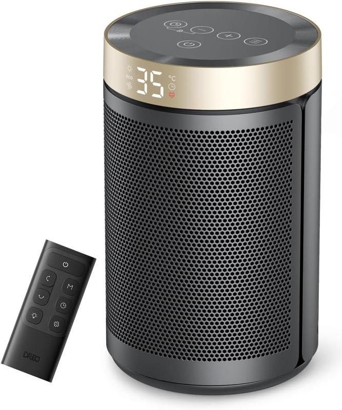 Dreo Electric Heater, 1500W Energy Efficient Space Room Heater, Upgrade Remote Portable Ceramic Fan Heaters, Thermostat, 3 Modes 12H Timer, Overheat & Tip Over Protection, for Bedroom, Atom 316, Gold