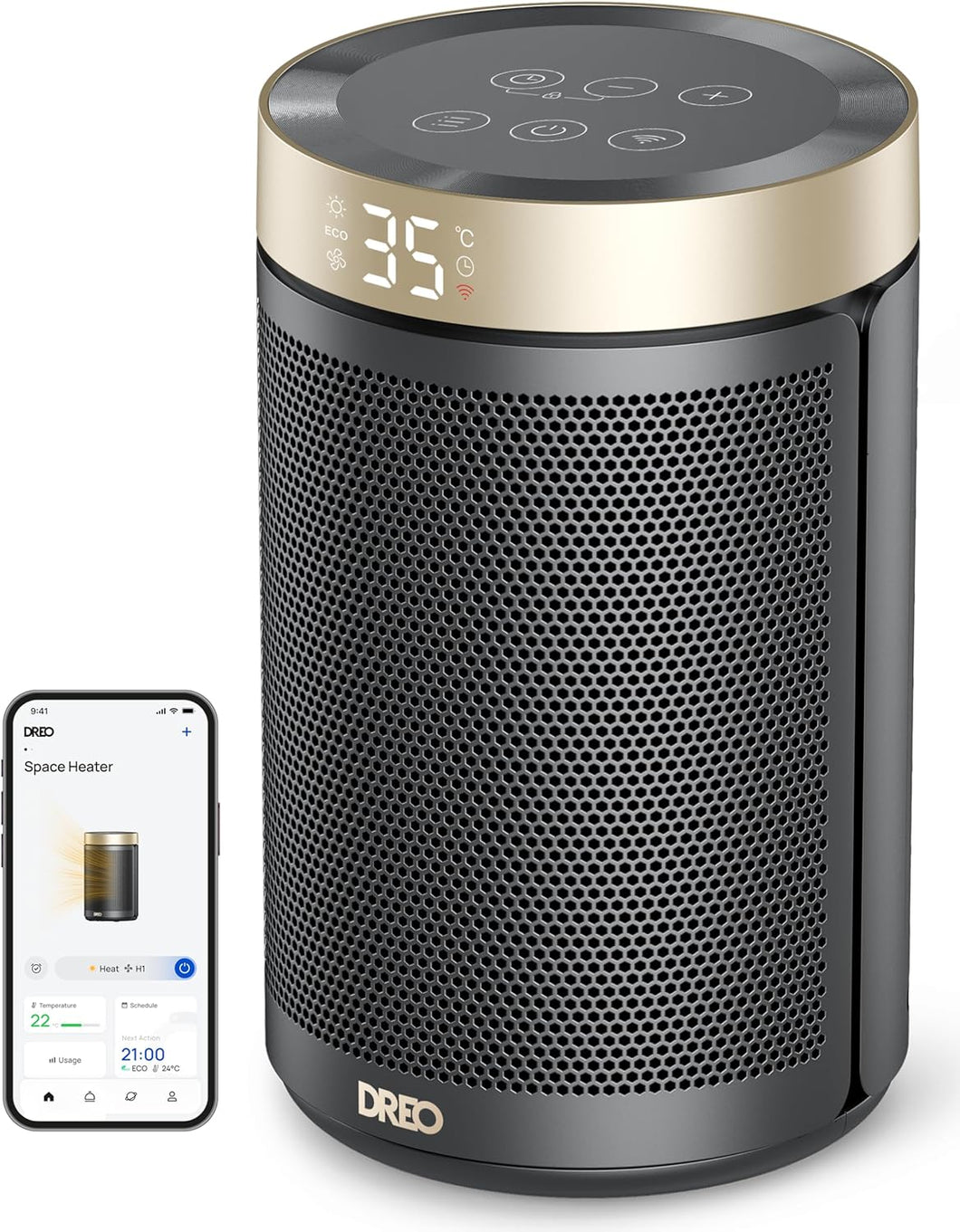 Dreo Electric Heater, 1500W Energy Efficient Space Room Heater, Upgrade Remote Portable Ceramic Fan Heaters, Thermostat, 3 Modes 12H Timer, Overheat & Tip Over Protection, for Bedroom, Atom 316, Gold