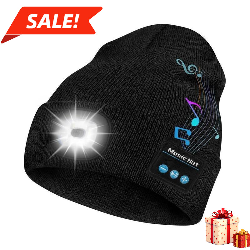 Cycling Cap with USB Rechargeable LED Headlamp, Music Beanie with Headphones and Built-in Speaker Microphone, Warm Hat for Outdoor Running Cycling.Gift