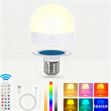 Load image into Gallery viewer, E27 Rechargeable Light Bulb with Remote and Timer, Battery Backup Bulb for Sconces and Lamps, Magnetic Bulbs for Non-Hardwired Fixture, 3 Color Temperatures + 15 RGB Colors, Dimmable, 1 Pack, Smart LED Light
