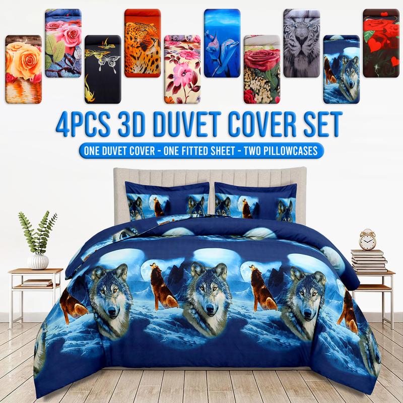 Kensington Homeware 3D Complete Duvet Cover Set 4pcs – Soft Bedding Set with Pillowcases & Bedsheet | Luxury 3D Duvet Set Single/Double/King/S.King