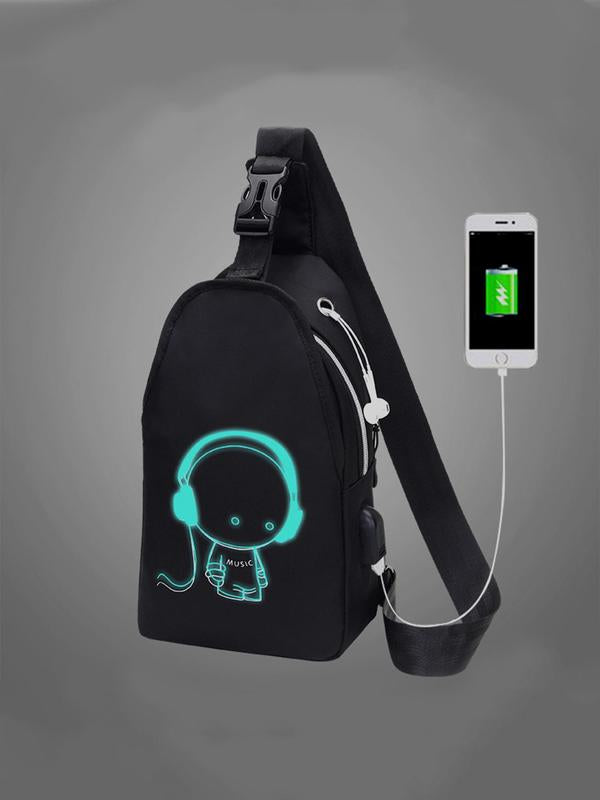 1 Piece Unisex Simple Style Cartoon Pattern Zip-up Belted Sling Bag with USB & Earphone Port, Casual Sportive Sling Bag, Fashionable Crossbody Chest Bag For Daily Use