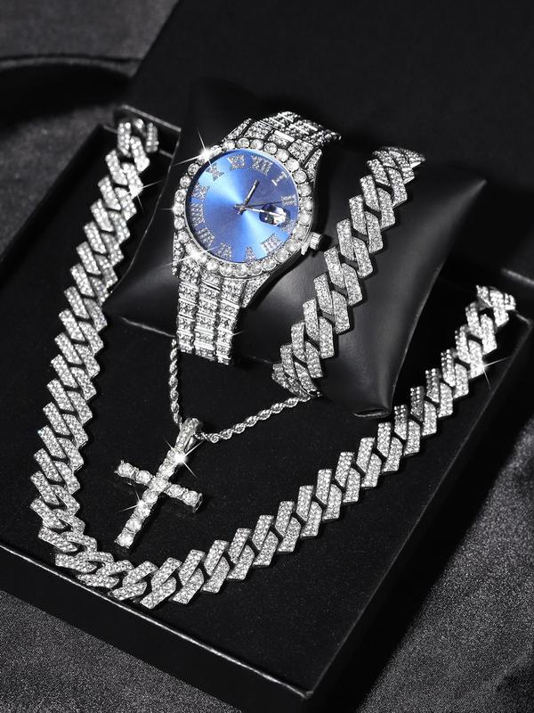 Men’s Hip Hop Jewellery Gift Set – Rhinestone Watch  | Trendy Punk Style Accessories for Streetwear, Party, Birthday & Christmas Gifts,For Boyfriend