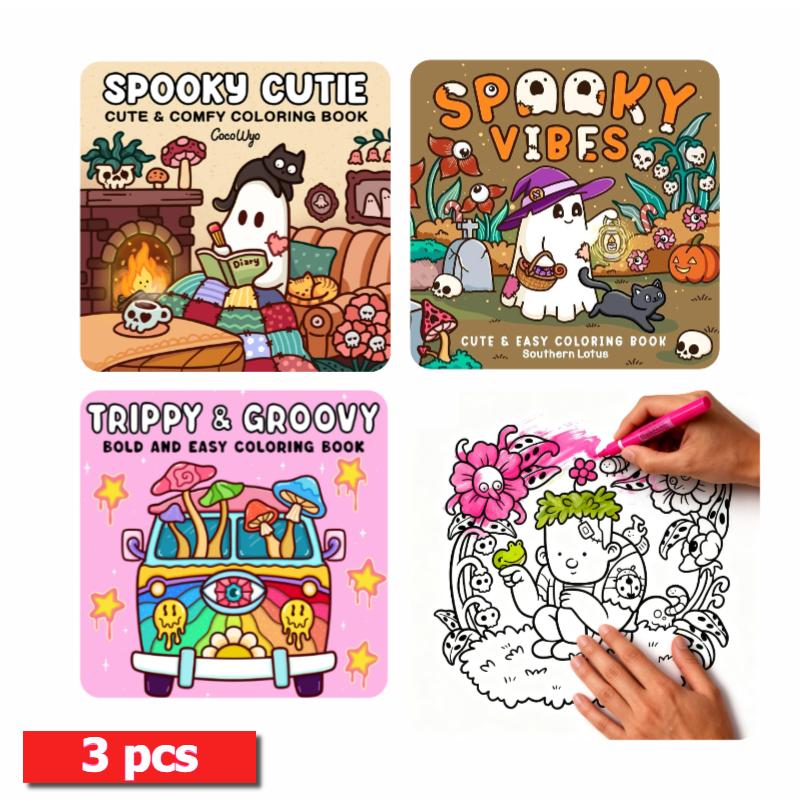 3 pcs:Spooky Cutie&Spooky Vibes&Trippy Groovy,Coloring Book for Adults and Teens Featuring Adorable Creepy Creatures in Cozy Hygge Moments for Relaxation Gift