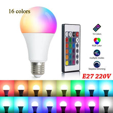 Load image into Gallery viewer, 16 Colors RGB Bulb LED Multicolor Bulb E27 Base 220V Household Lighting Dimmable 24 Key Remote Control Atmosphere Neon Light flood night
