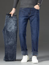 Load image into Gallery viewer, Men&#39;s Thickened Winter Fleece Jeans, Loose Straight Leg High Waist Casual Elastic Pants, Warm Long Denim Trousers for Fall &amp; Winter
