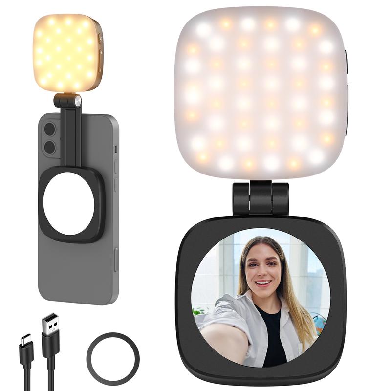 Magnetic Selfie Light Compatible with MagSafe iPhone, CRI95 700lx/0.3m Folding LED Phone Fill Ring Lighting with Stand/Mirror for Zoom Makeup Photography Recording Video Conference