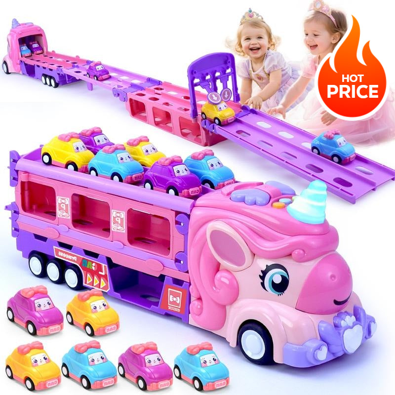 Kids 7-In-1 Unicorn Car Toy with Lights & Music, Foldable Transport Carrier Truck for 1-5 Year Olds, Perfect Gift for Girls,Christmas,Gift